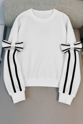 Bow-Accent Striped Sleeve Sweatshirt