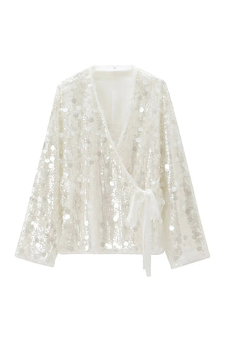Sequin Wrap Blouse with Tie Waist