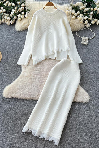 Ribbed Frayed Hem Skirt Set