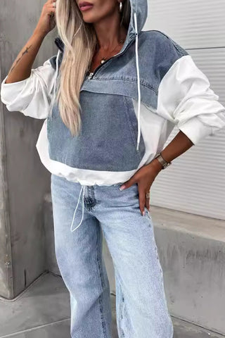 Zip-Front Denim Panel Hoodie