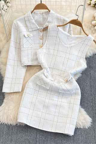 Plaid Button-Accent Skirt Set