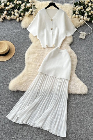 Buttoned Top and Pleated Skirt Set