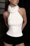 Fur-Trim Halter Tank Top
