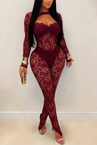Lace Overlay Jumpsuit with Cutout Detail