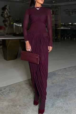 Draped Long-Sleeve Evening Dress