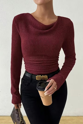 Ribbed Draped Neck Knit Top