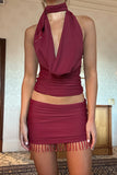 Ruched Skirt Set with Tassels