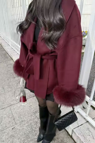 Belted Wrap Jacket with Fur Cuffs