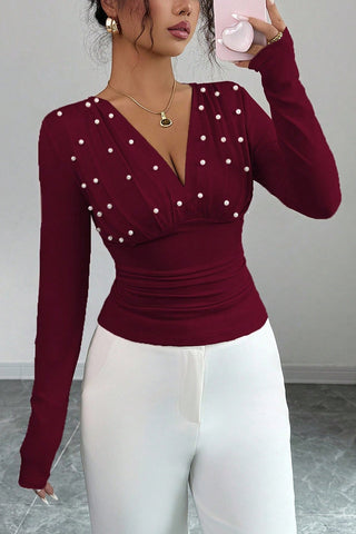 Pearl-Embellished V-Neck Blouse
