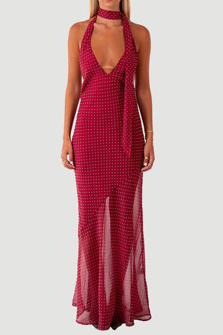 Halter Neck Polka Dot Maxi Dress