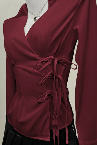 Lace-Up Front Long Sleeve Blouse