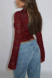 Lace-Detail Sheer Blouse with Long Sleeves