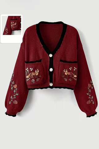 Fox Motif Cropped Cardigan