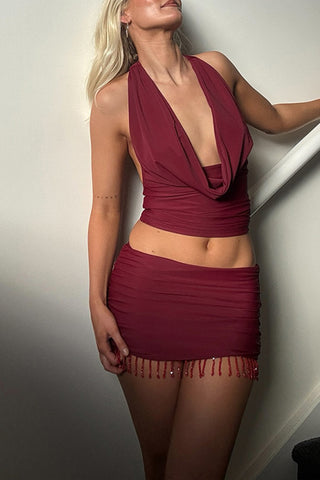 Ruched Skirt Set with Tassels