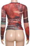 Printed Long-Sleeve Mesh Top