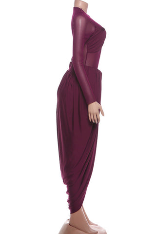 Draped Long-Sleeve Evening Dress