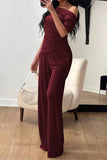 Off-Shoulder Pants Set with Ruched Detail