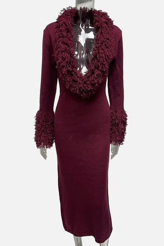 Fringed Collar Knit Midi Dress