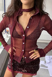 Sheer Button-Up Blouse with Choker