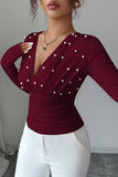 Pearl-Embellished V-Neck Blouse