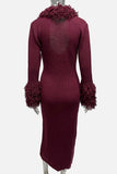 Fringed Collar Knit Midi Dress