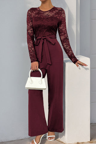 Lace Long-Sleeve Belted Jumpsuit