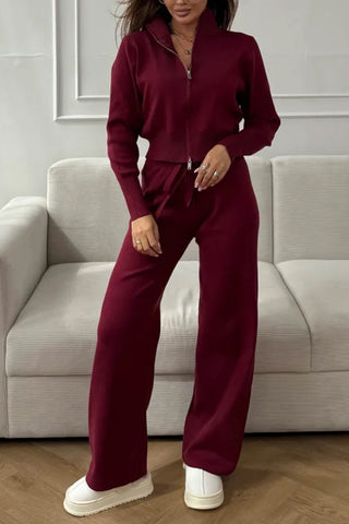 Zip-Up Lounge Set with Wide-Leg Pants