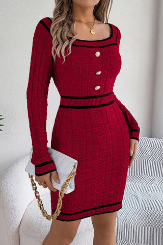 Button-Accent Knit Casual Dress
