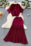 Buttoned Top and Pleated Skirt Set