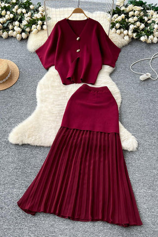 Buttoned Top and Pleated Skirt Set