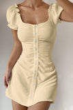 Buttoned Puff Sleeve Casual Dress