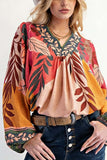 Patterned Blouse with V-Neck Detail