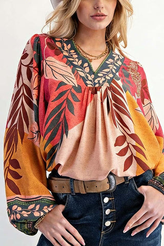Patterned Blouse with V-Neck Detail