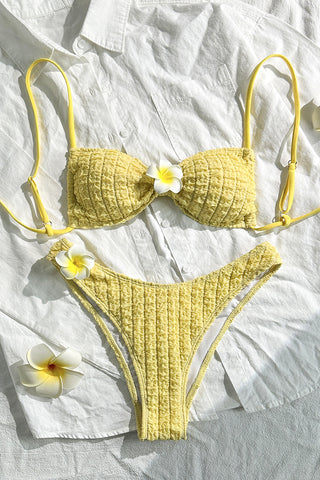 Textured Bikini Set with Floral Accents