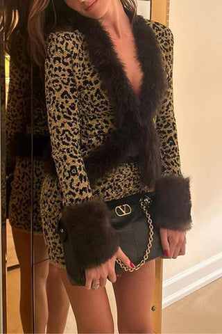 Faux Fur Trim Leopard Skirt Set