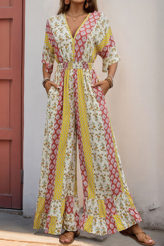 Patterned Wide-Leg Jumpsuit with Pockets