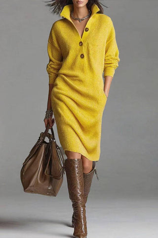 Button-Accent Knit Casual Dress