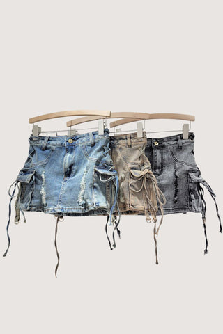 Distressed Denim Mini Skirt with Side Ties