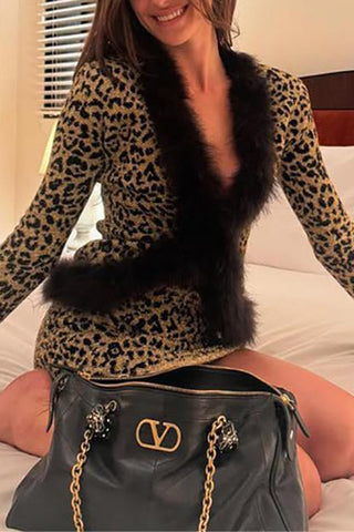 Faux Fur Trim Leopard Skirt Set