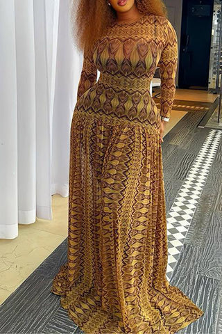 Long-Sleeve Patterned Maxi Dress