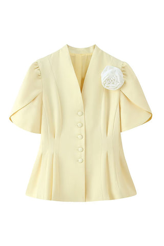 Elegant Button-Up Blazer with Floral Accent