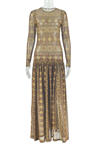 Long-Sleeve Patterned Maxi Dress