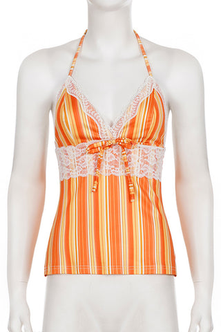 Striped Lace-Trim Halter Cami