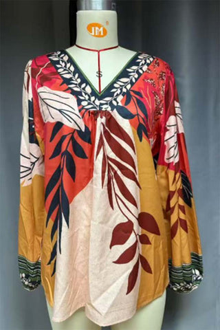 Patterned Blouse with V-Neck Detail