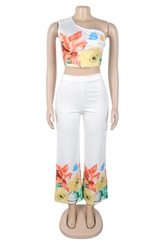 One-Shoulder Floral Pants Set