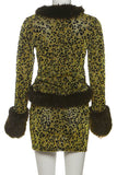 Faux Fur Trim Leopard Skirt Set