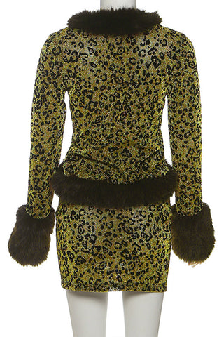 Faux Fur Trim Leopard Skirt Set