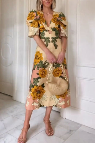 Floral Puff-Sleeve Midi Dress