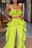 Ruffled Crop Top and Wide-Leg Pant Set