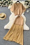 Buttoned Top and Pleated Skirt Set